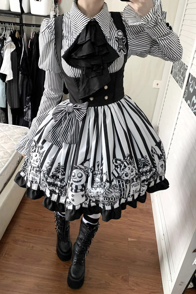 Black/White [A Weird Christmas] Sleeveless Printed Ruffled Gothic Lolita Bust-Support JSK Dress - Product - 4