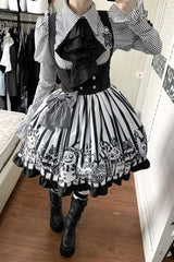 Black/White [A Weird Christmas] Sleeveless Printed Ruffled Gothic Lolita Bust-Support JSK Dress - Product - 4