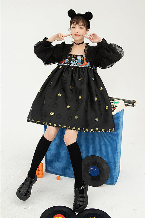 Black Square Neck Organza Print Ruffled Lantern Sleeves High Waisted Sweet Lolita OP Dress - Product - 4