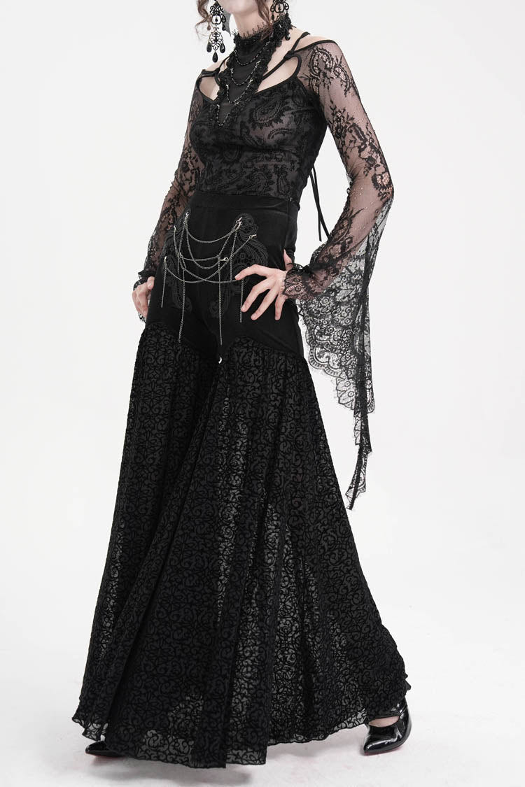 Black Chain Jacquard Floral Hollow Lace Women's Gothic Pants - Product - 7