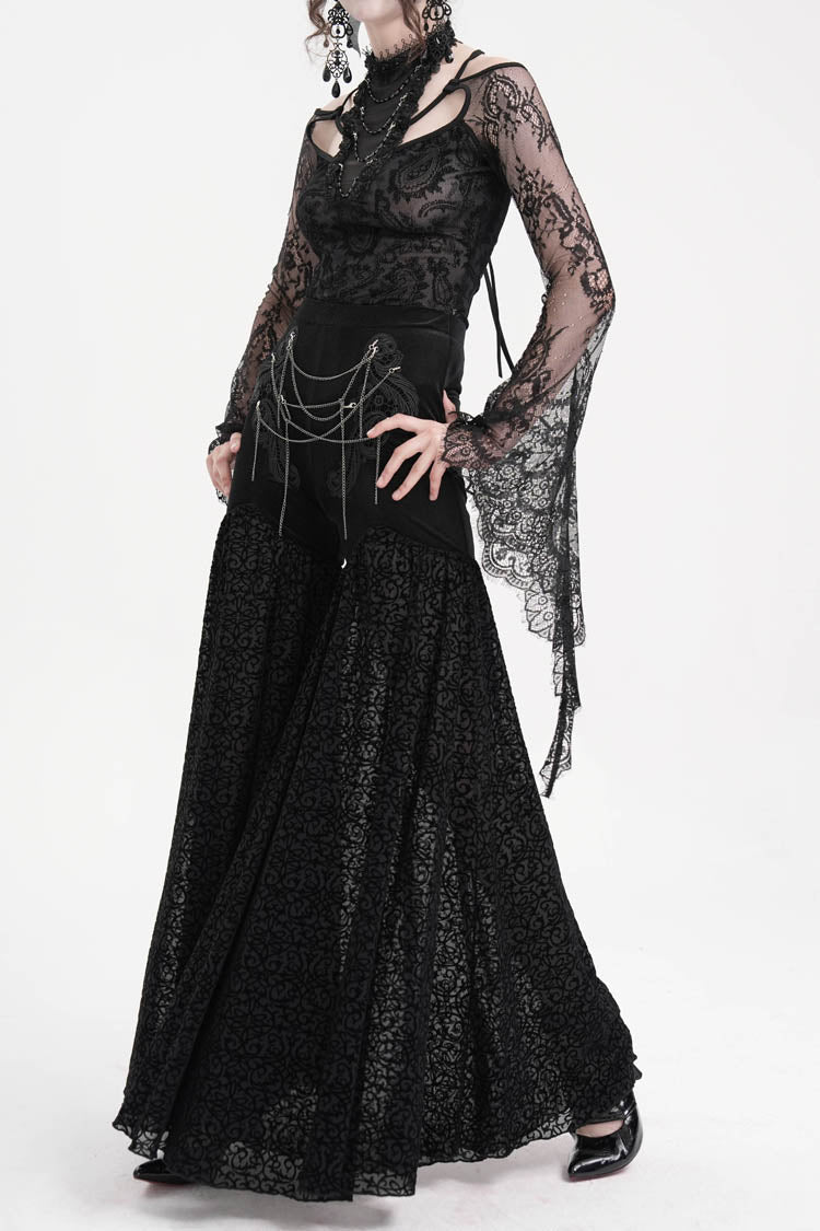 Black Chain Jacquard Floral Hollow Lace Women's Gothic Pants - Product - 7