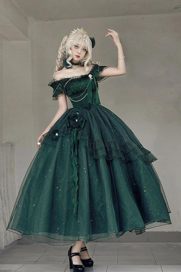 Green [Bright Stars] Off Shoulder Ruffle Bowknot Asymmetric Sweet Elegant Princess Lolita Dress - Product - 4