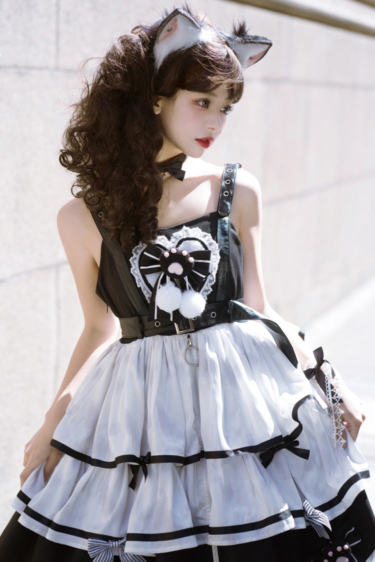 Black/White [Cat Fist] Triple-Layered Ruffle Bowknot Sweet Lolita Jsk Dress - Product - 11