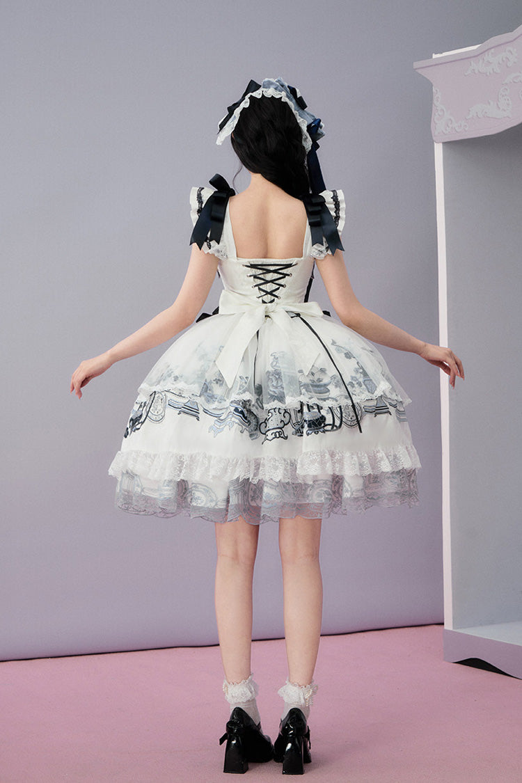 Blue/White [Celadon Jade Cup] Square Collar Flutter Sleeves Printed Ruffled Embroidered Bow Lace Classic Chinese Inspired Lolita Jsk Dress - Product - 6