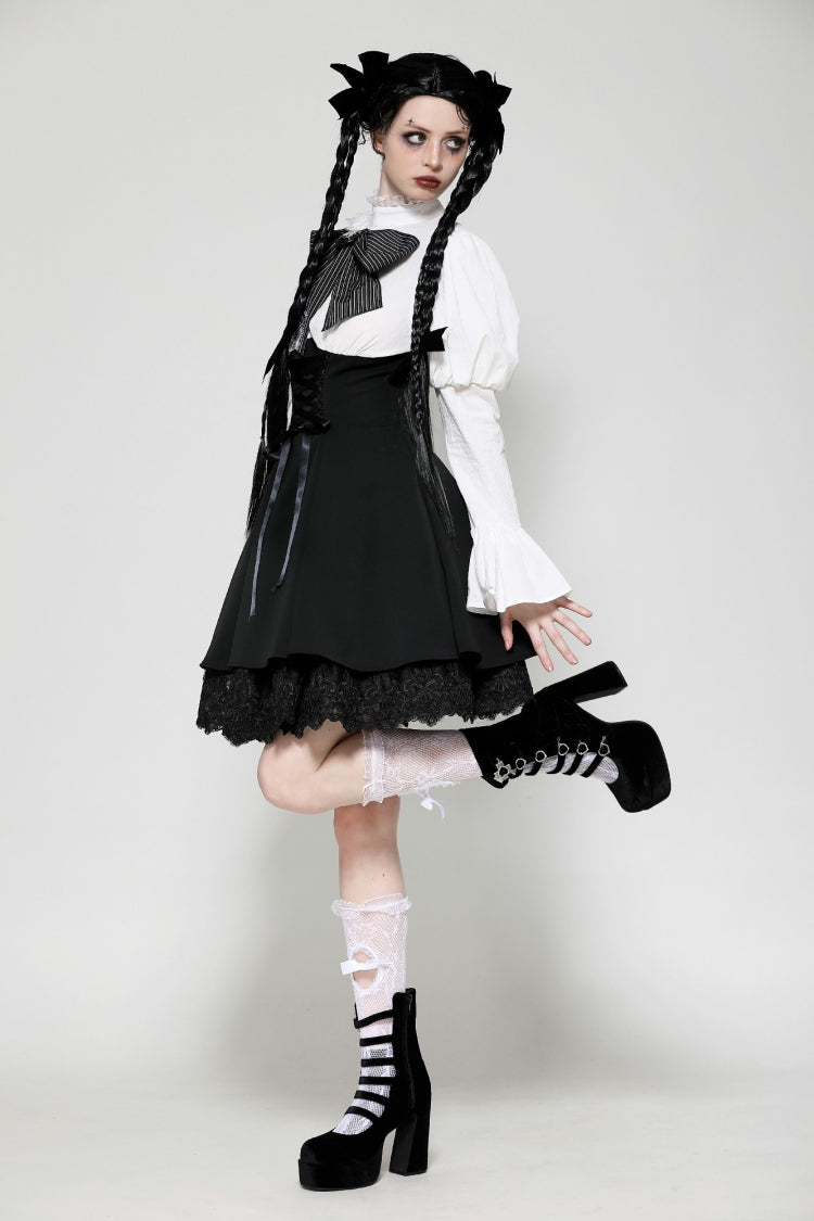 Black/White Lace High Collar Asymmetric Long Trumpet Puff Sleeves Bowknot Women's Lolita Gothic Short Dress - Product - 10