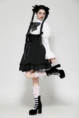 Black/White Lace High Collar Asymmetric Long Trumpet Puff Sleeves Bowknot Women's Lolita Gothic Short Dress - Product - 10