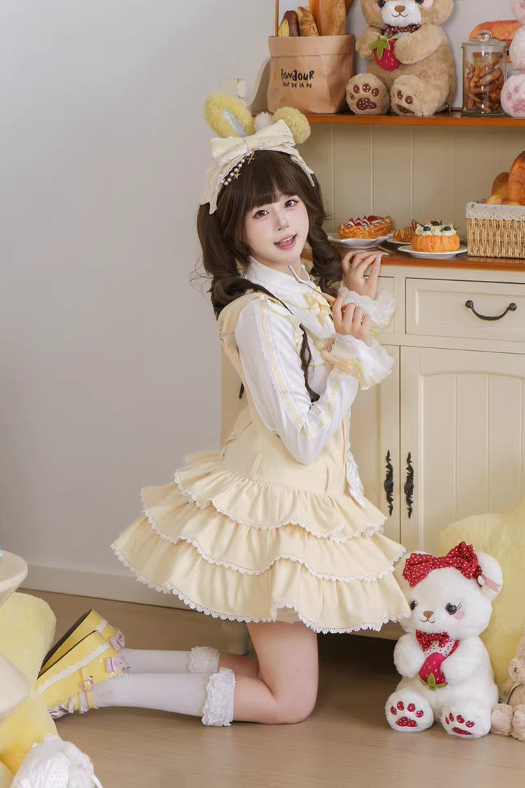 Yellow Nostalgic Showa Custard Cream Puff Sleeveless Triple-Layered Ruffled Bow Lace-Up Tiered Cake Sweet Jsk Dress - Product - 6