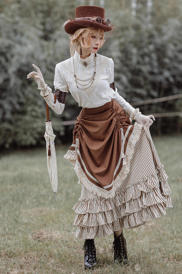 White/Brown Victorian Style Triple-Layered Striped Print Ruffle Classic Vintage Lolita Basil Skirt - Product - 6