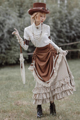 White/Brown Victorian Style Triple-Layered Striped Print Ruffle Classic Vintage Lolita Basil Skirt - Product - 6