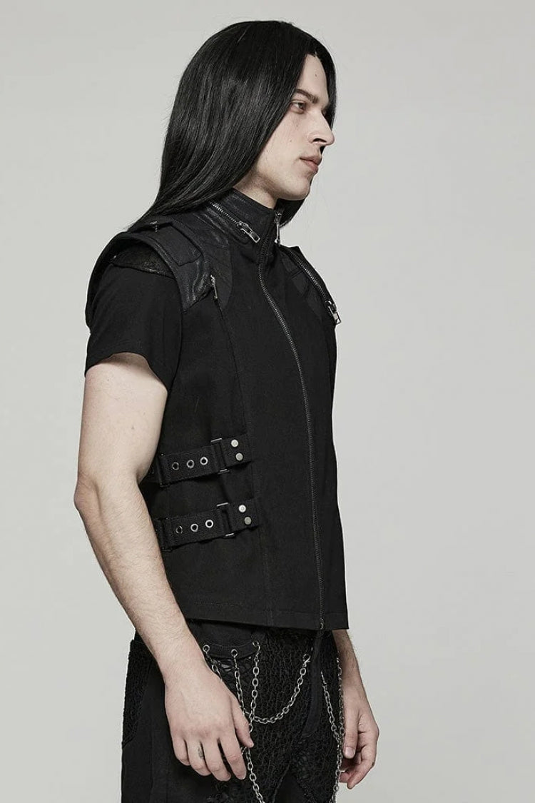 Black Stand Collar Side Waist Webbing Decorative Stitching Mens Steampunk Vest - Product - 2
