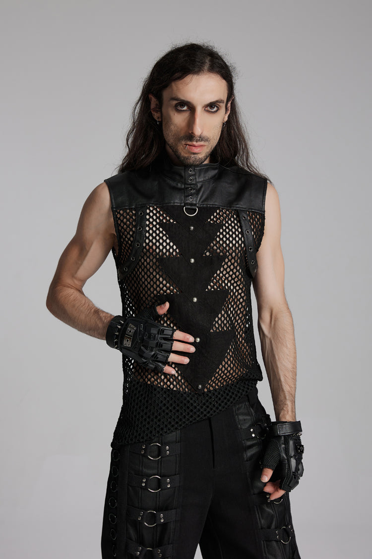 Black Stand Collar Sleeveless Mesh Triangle Eyelets Men's Punk Vest - Product - 3
