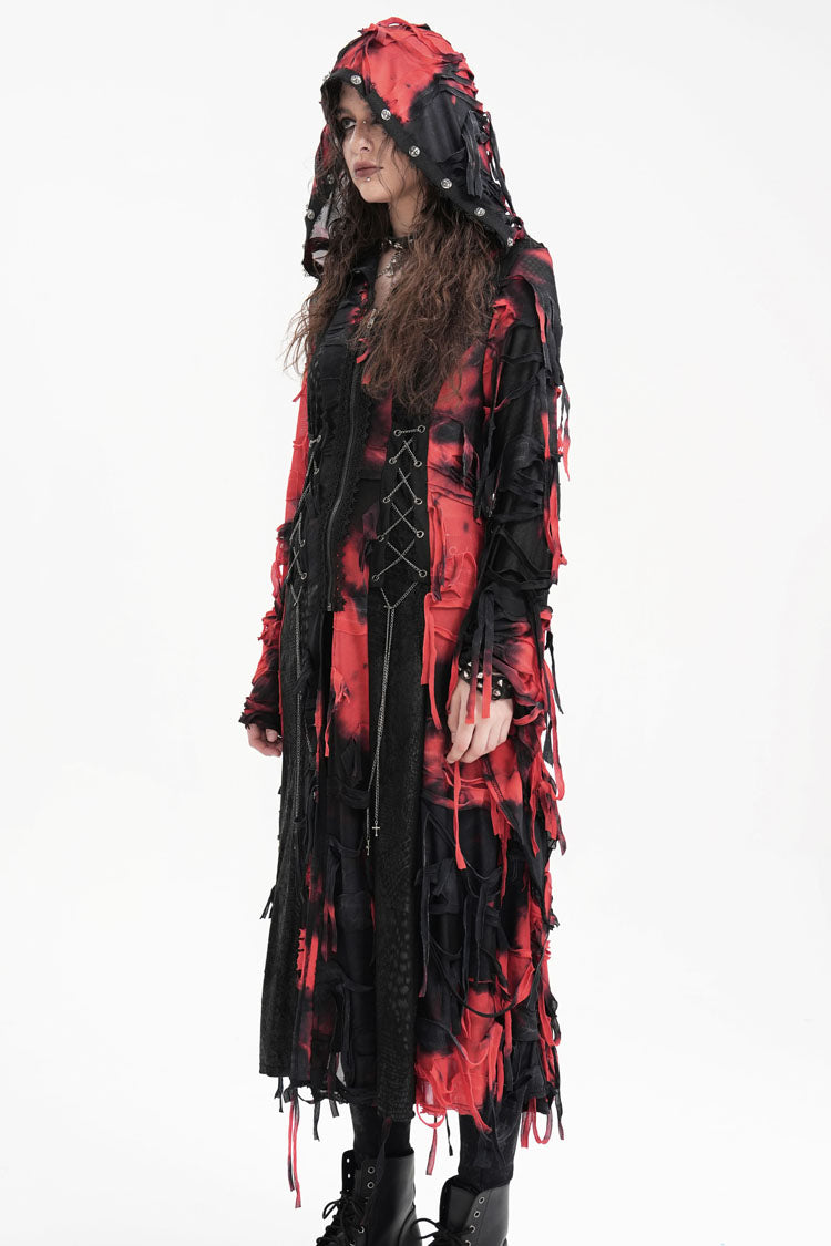 Black/Red Long Sleeves Lace Ripped Zipper Women's Punk Coat - Product - 3