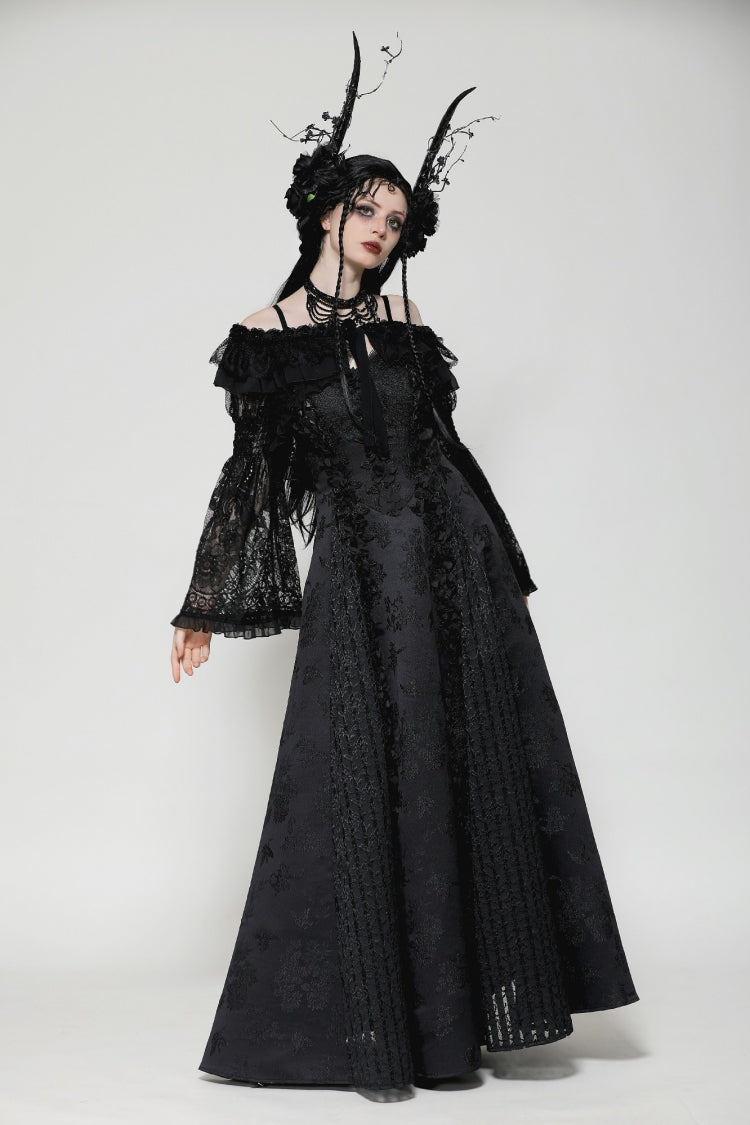 Black Ruffled Off Shoulder Long Bishop Sleeves Lace Women's Gothic Cape - Product - 11