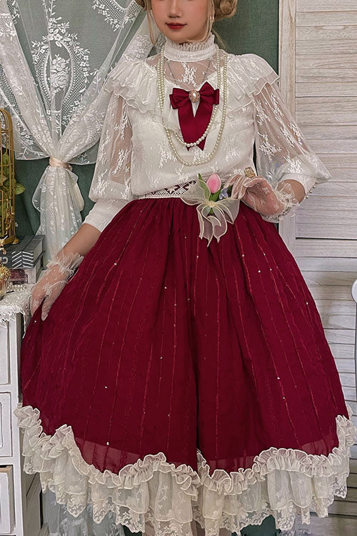 Wine Elegant Vintage Tulip Multi-Layer Ruffled Classic Lolita Skirt Dress - Wine - 1