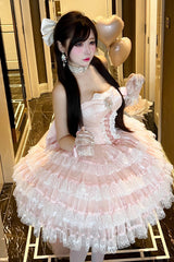 Pink [Heartbeat at First Sight] Off Shoulder Sleeveless Multi-Layered Ruffle Bowknot Lace Lace-Up Sweet Princess Gorgeous Lolita Dress - Product - 5