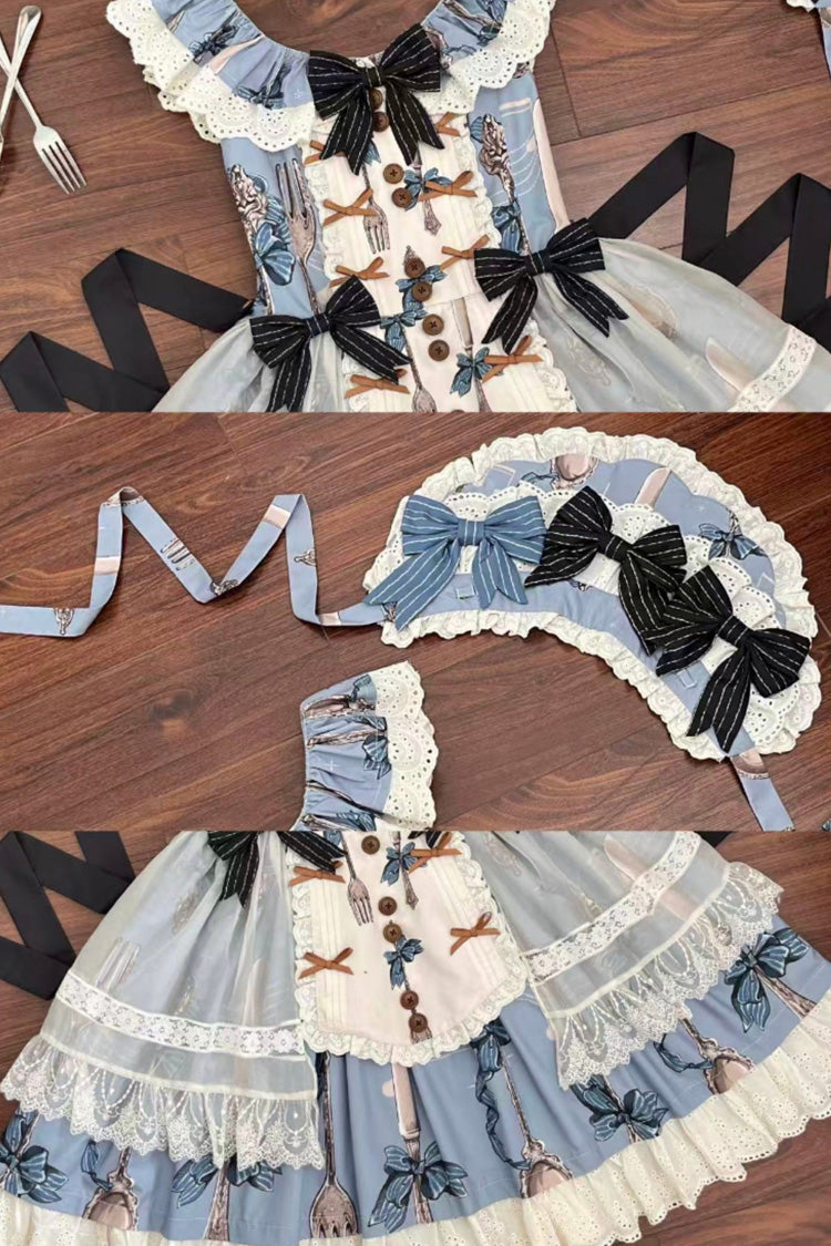 Blue [The Witch’s Banquet] Sleeveless Printed Ruffled Embroidered Bow Lace Sweet Lolita Jsk Dress - Product - 9