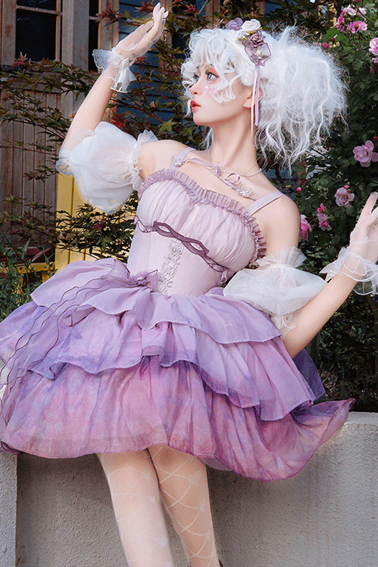 Purple Gradient The Forty-Fourth Sunset Oil Painting Triple-Layered Ruffle Bowknot Sweet Lolita Jsk Dress - Product - 3