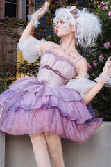 Purple Gradient The Forty-Fourth Sunset Oil Painting Triple-Layered Ruffle Bowknot Sweet Lolita Jsk Dress - Product - 3
