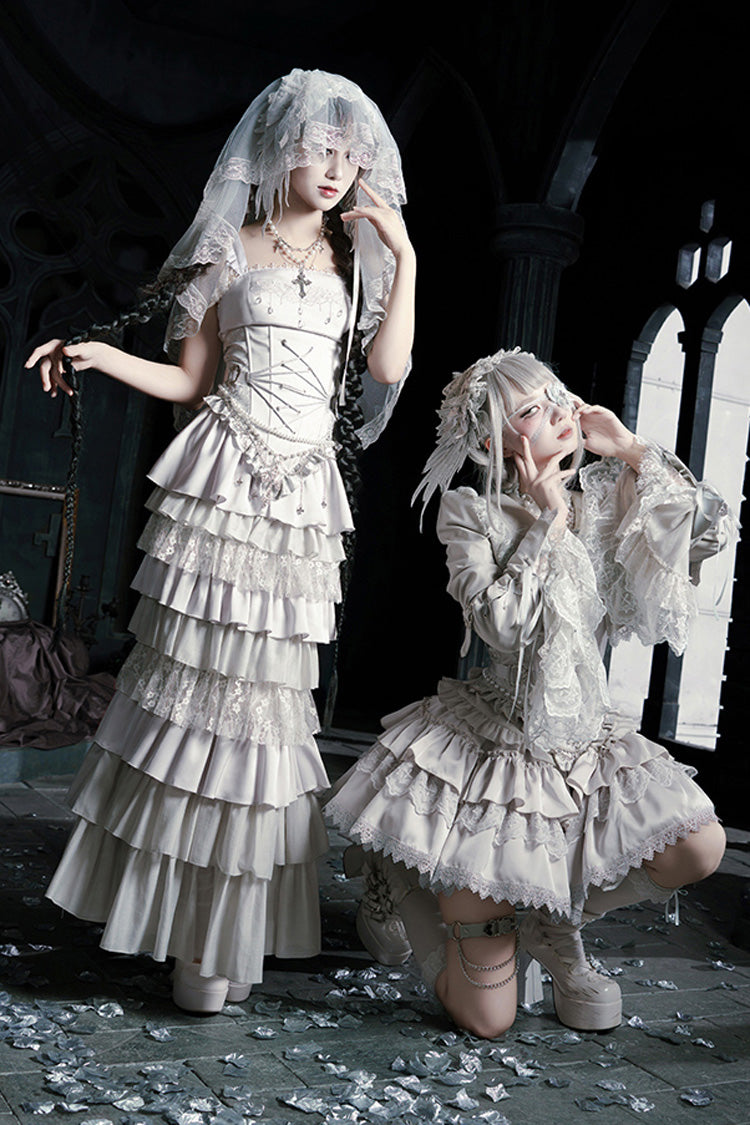 Solid Color [Bionic Doll] Square Collar Multi-Layered Ruffle Bowknot Lace-Up Gothic Lolita Fishtail Skirt Corset Set - Product - 23