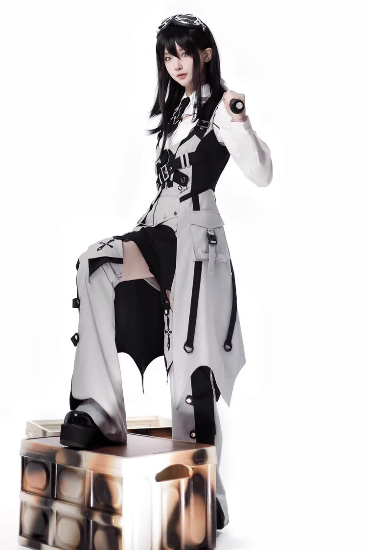 Black/White Long Sleeves Color Matching Handsome Sci-fi Lolita Skirt Set - Product - 4