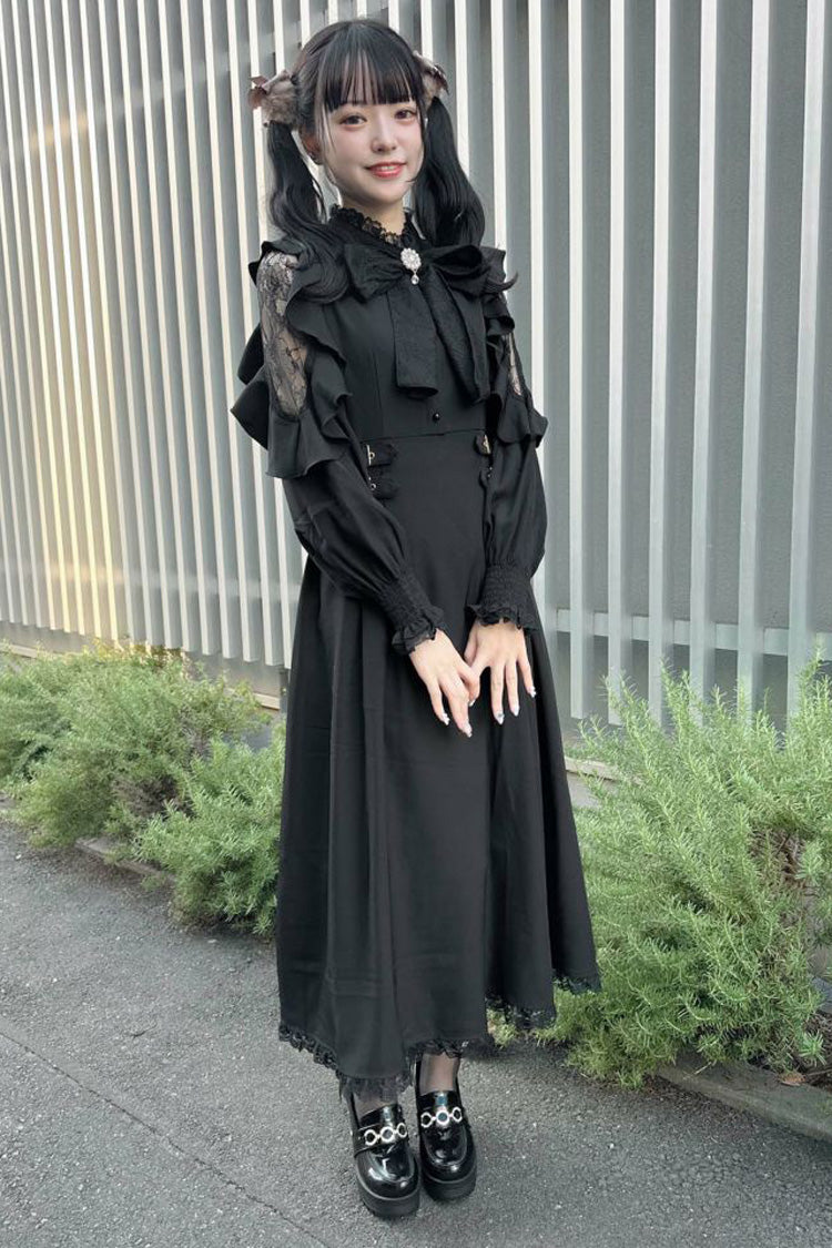 Black Stand Collar Off Shoulder Long Sleeves Hollow Bowknot Slim Jirai Kei Japanese Dress - Product - 3