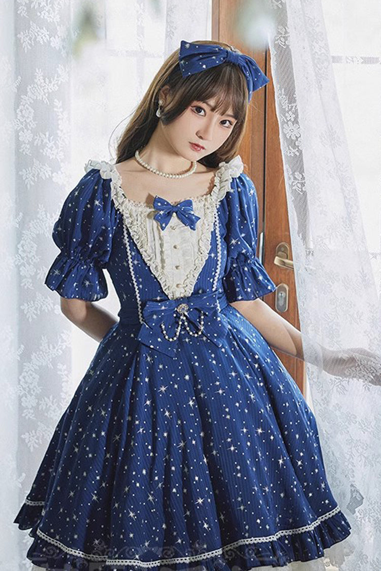 Midsummer Galaxy Shiny Star Print Short Sleeves Ruffle Bowknot Sweet Lolita OP Dress - Product - 4