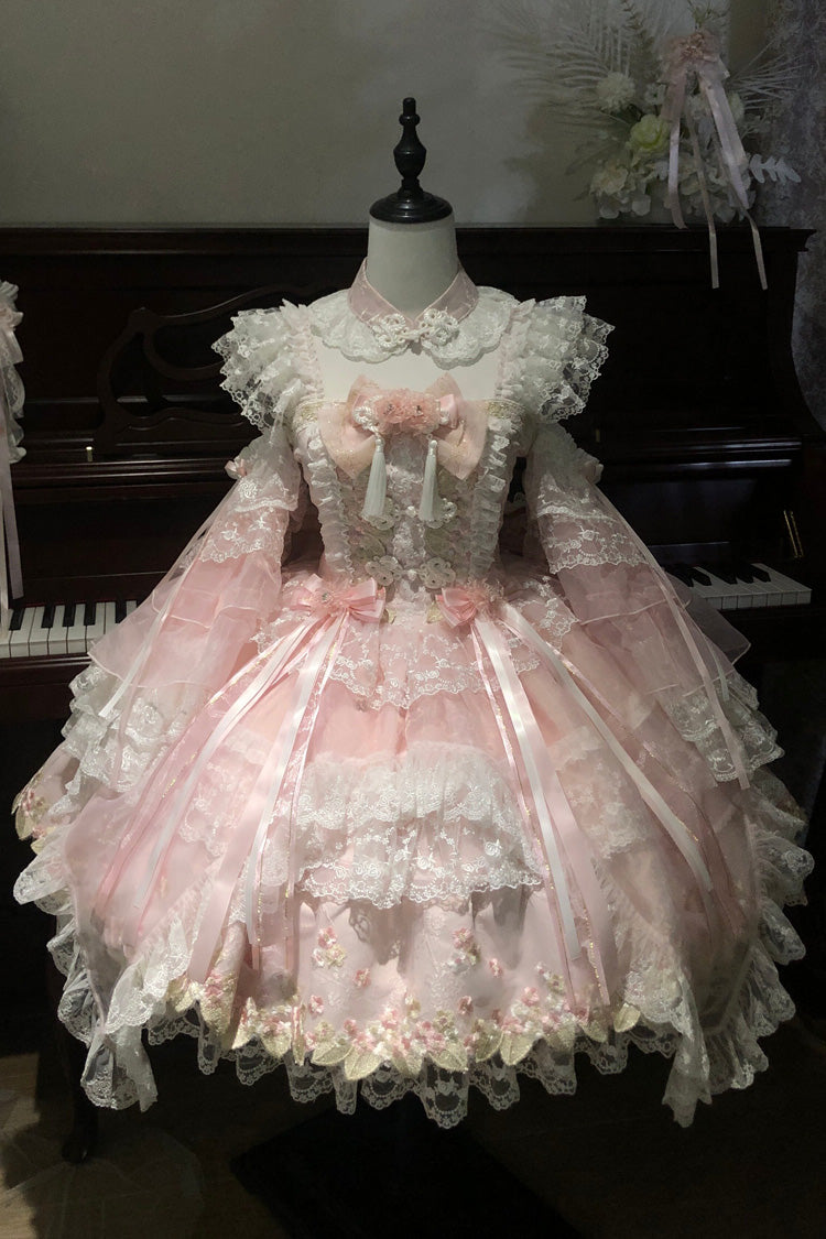 Pink [Spring Entwined with Cherry Clouds] Short Sleeves Embroidered Bow Lace Sweet Chinese Style Lolita Dress - Product - 3