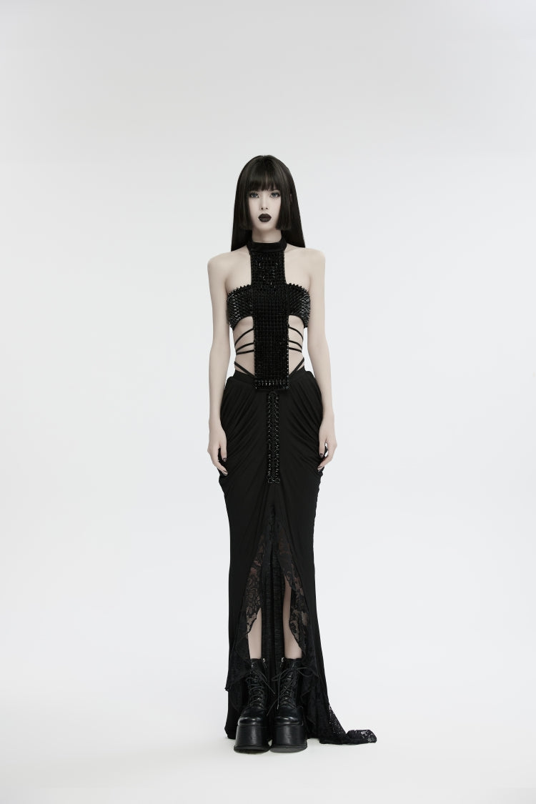 Black Off Shoulder Lace Lace-Up Slim Studded Buckled Women's Gothic Corset - Product - 5