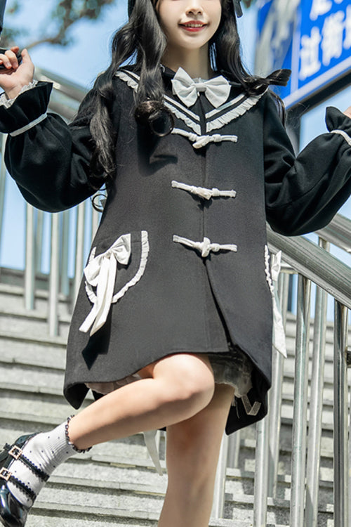 Black Horn Button Suit Collar Lantern Sleeves Back Bow Sweet Lolita Coat - Black - 1