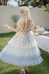 Blue [Sincere Vow] Edwardian Collar Short Sleeves Ombre Multi-Layered Ruffled Embroidered Sweet Lolita Dress - Product - 17