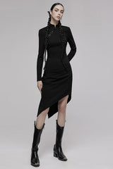 Black Improved Cheongsam Pointed Hem Drawstring Design Cheongsam Collar Long Sleeve Long Women's Punk Dress - Product - 4