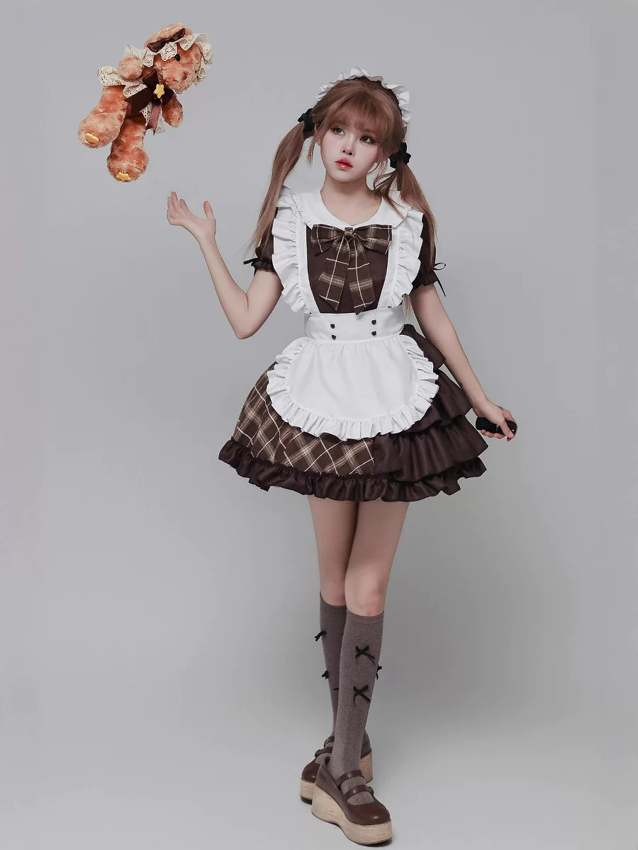 Brown Plaid Lolita Maid Dress Set Ruffled Apron Short Sleeve Bow Accent - view 6