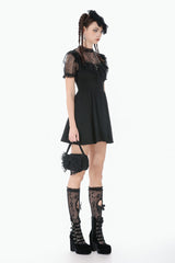Black Lace Short Sleeves Cross Ruffled Women's Gothic Graduation Dress - Product - 11