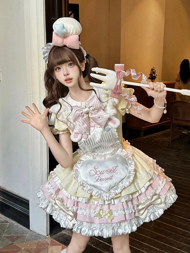 Yellow & Pink Bunny Maid Sweet Lolita Puff Sleeve Dress detail view 5