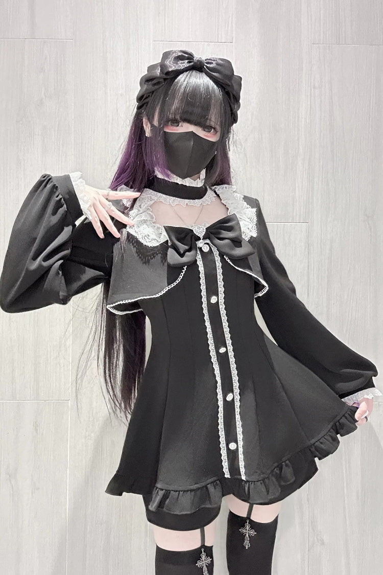 Black [Twilight Prelude] Long Sleeves Ruffled Bow Lace Jirai Kei Japanese Dress and Shorts Set - Product - 3