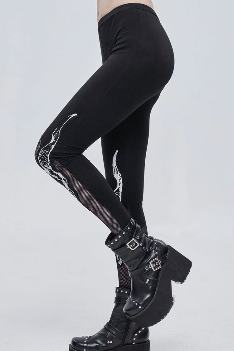 Black Gothic Stretch Knitted Fabric Spliced Mesh Devil Sheep Head Pattern Printing Women's Leggings - Product - 5