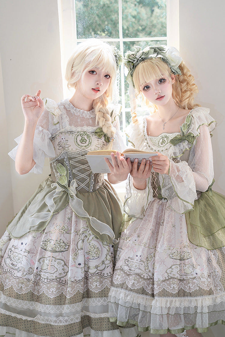 Green [Teacup Rabbit] Multi-Layered Print Ruffle Embroidery Bowknot Lace Asymmetric Sweet Elegant Lolita Jsk Dress - Product - 2