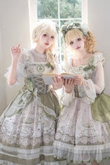 Green [Teacup Rabbit] Multi-Layered Print Ruffle Embroidery Bowknot Lace Asymmetric Sweet Elegant Lolita Jsk Dress - Product - 2