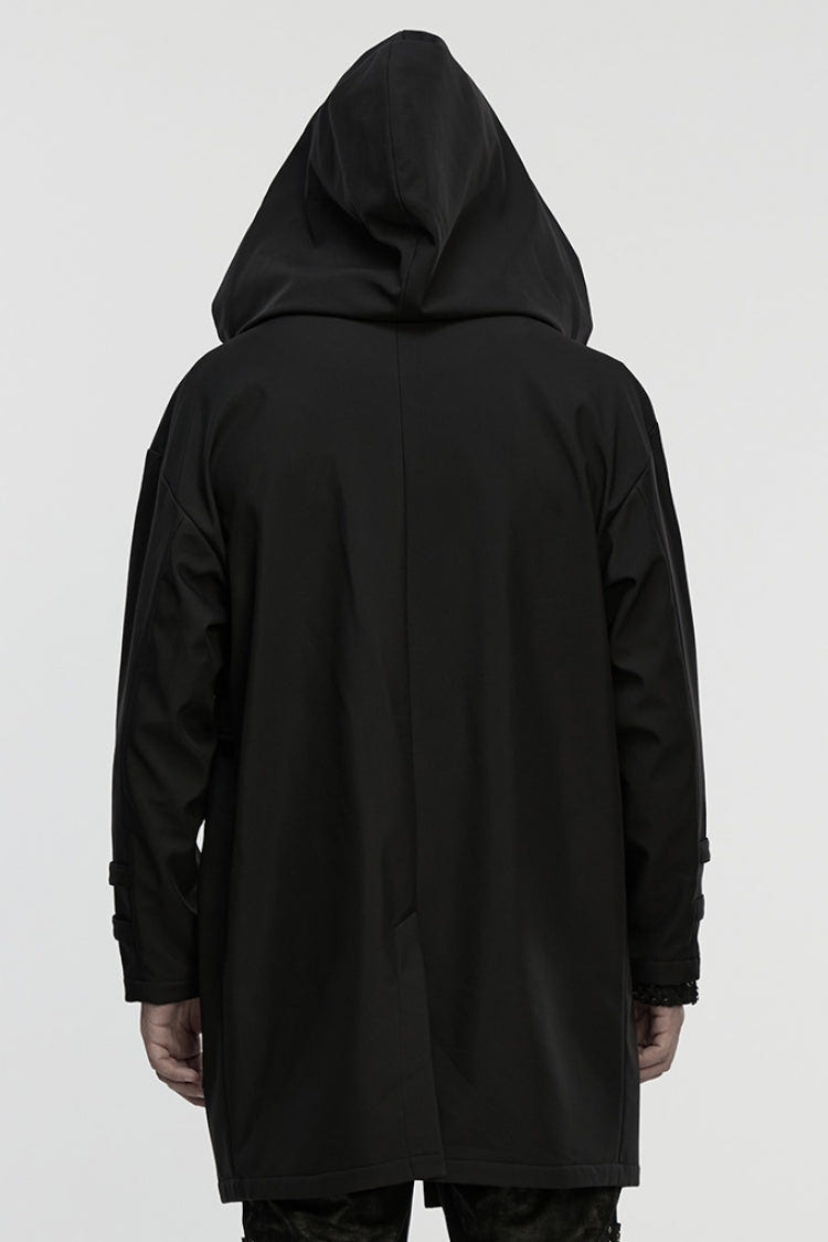 Black Lapel Collar Long Sleeves Hooded Zippered Eyelet Men's Gothic Coat - Product - 3