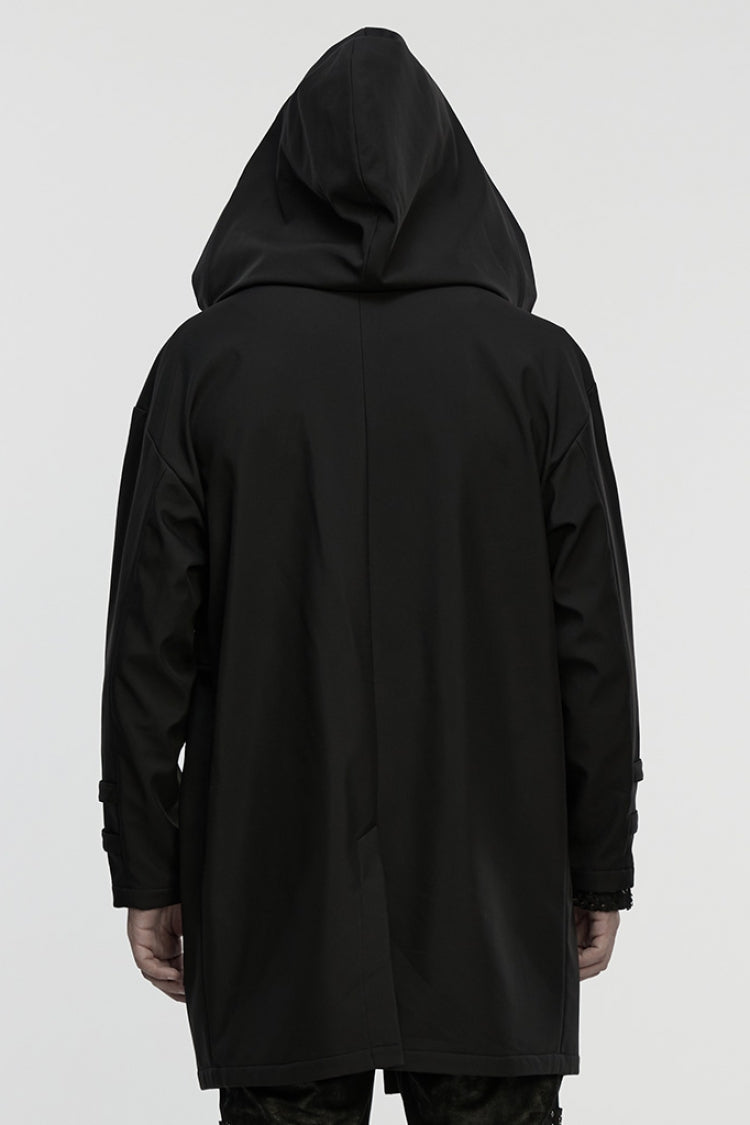 Black Lapel Collar Long Sleeves Hooded Zippered Eyelet Men's Gothic Coat - Product - 3