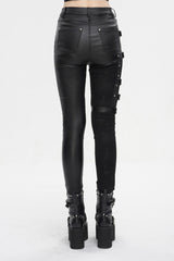 Black Tight Leather Multi Buckle Splice Women's Punk Pants - Product - 5
