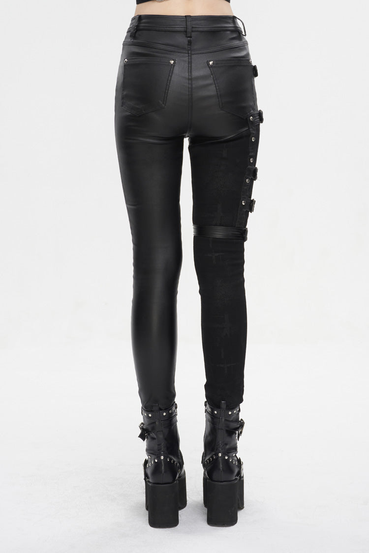 Black Tight Leather Multi Buckle Splice Women's Punk Pants - Product - 5