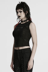 Black Sleeveless Strap Stitching Ripped Women's Punk Vest - Product - 2