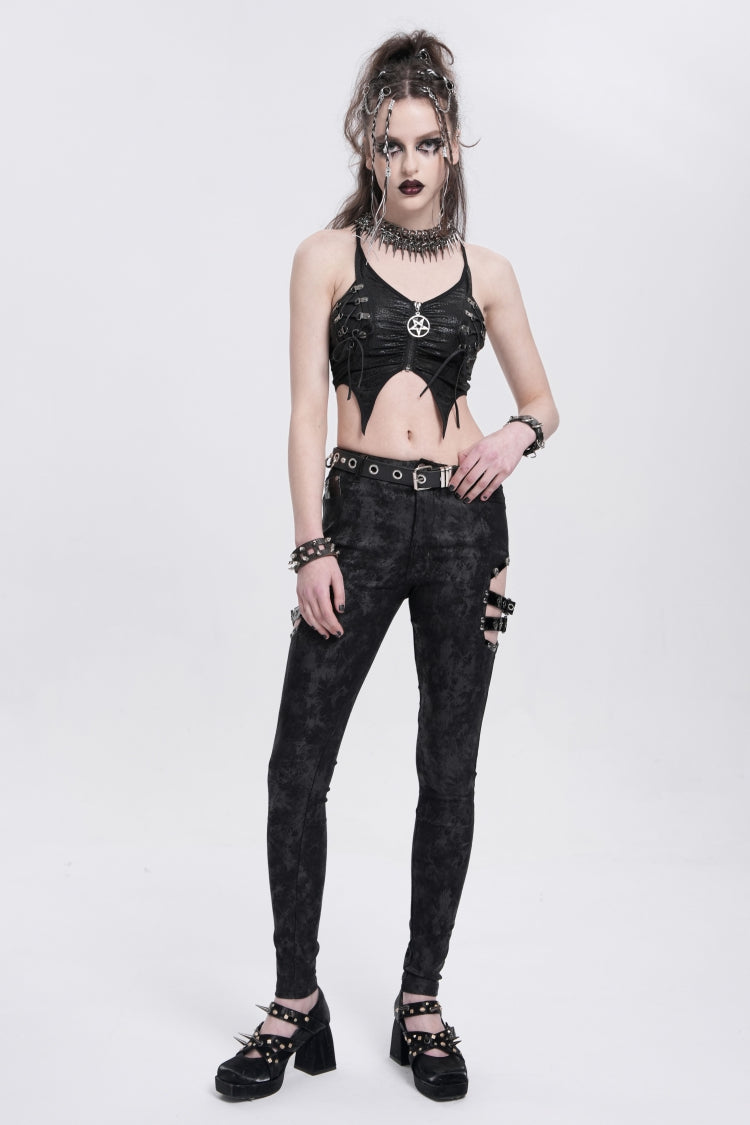 Black Print Cutout Buckle Women's Gothic Pants - Product - 5