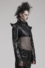 Black Stand Collar Zipper Faux Leather Sharp Shoulders Mens Steampunk Short Coat - Product - 2
