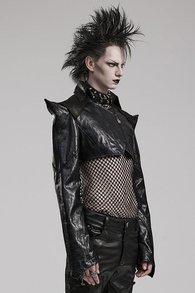 Black Stand Collar Zipper Faux Leather Sharp Shoulders Mens Steampunk Short Coat - Product - 2