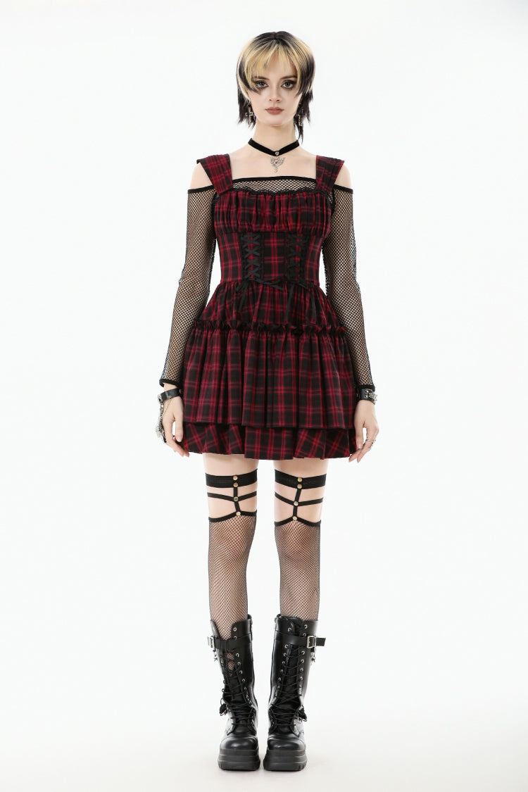 Red/Black Sleeveless Layered Plaid Ruched Women's Cake Dress Graduation Dress - Product - 5
