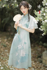 Green Ruffle Short Sleeves Lotus Print Sweet Cheongsam Hanfu Dress - Product - 2