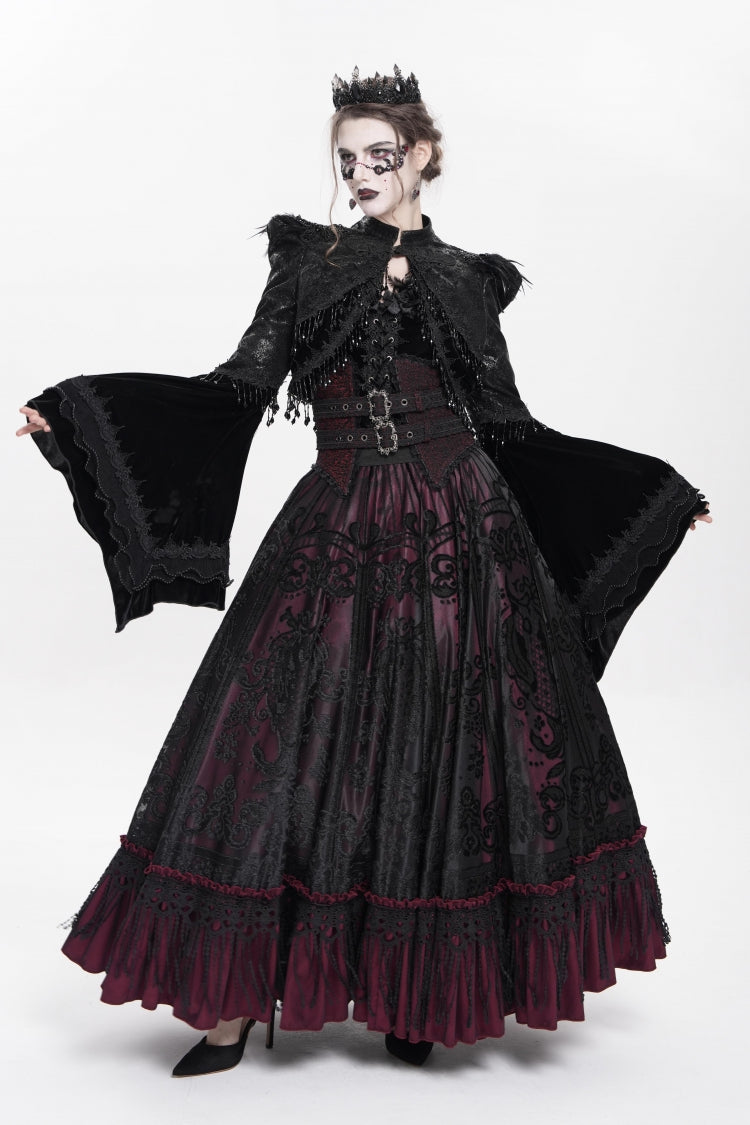Red Jacquard Embroidery Buckle Tassels Women's Gothic Long Skirt - Product - 13