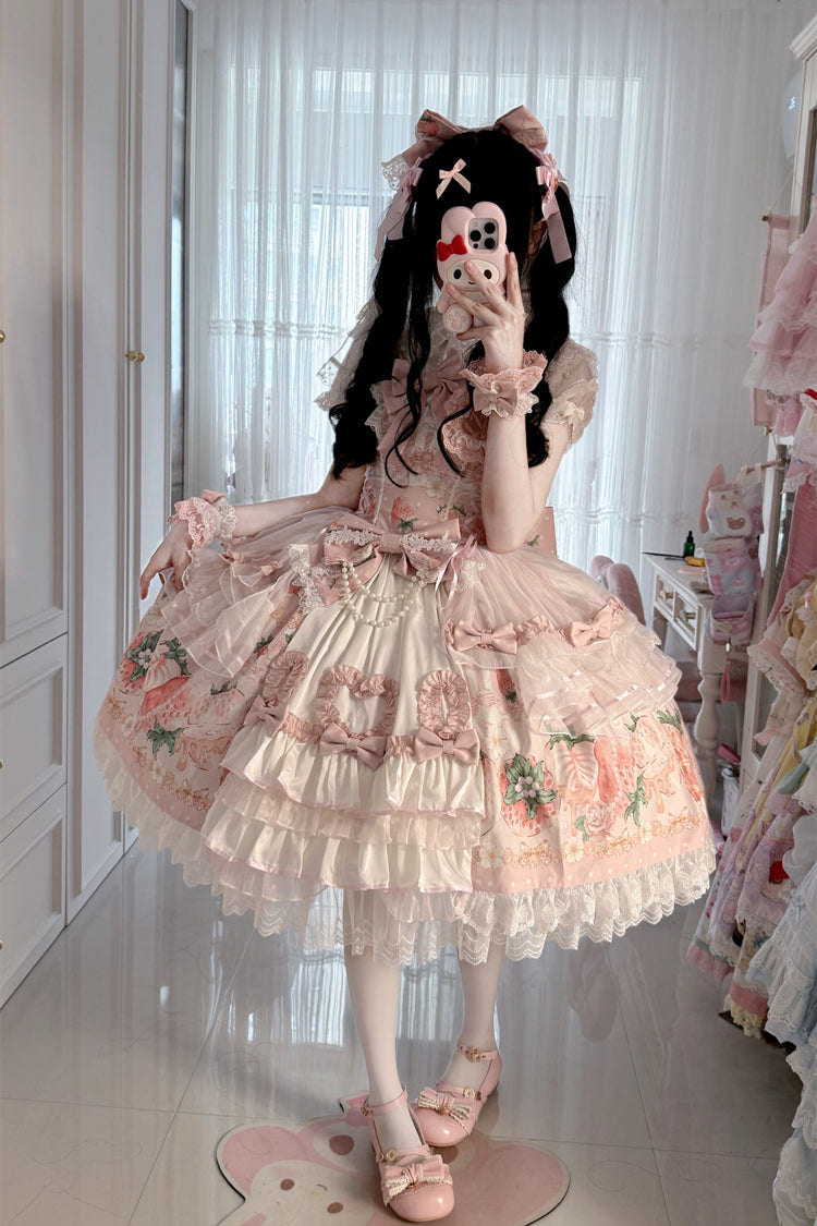 Pink [Berry Sweet Wish] Square Collar Printed Ruffled Open-Front Bow Lace Pearl-Decorated Sweet Lolita Jsk Dress Set - Product - 7